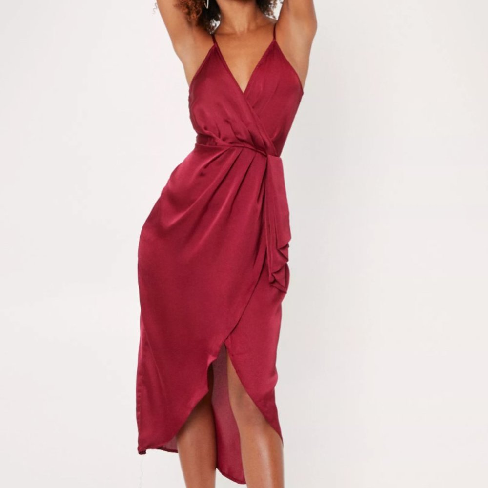 Nasty Gal Satin Spaghetti Strap Midi Wrap Dress NWT